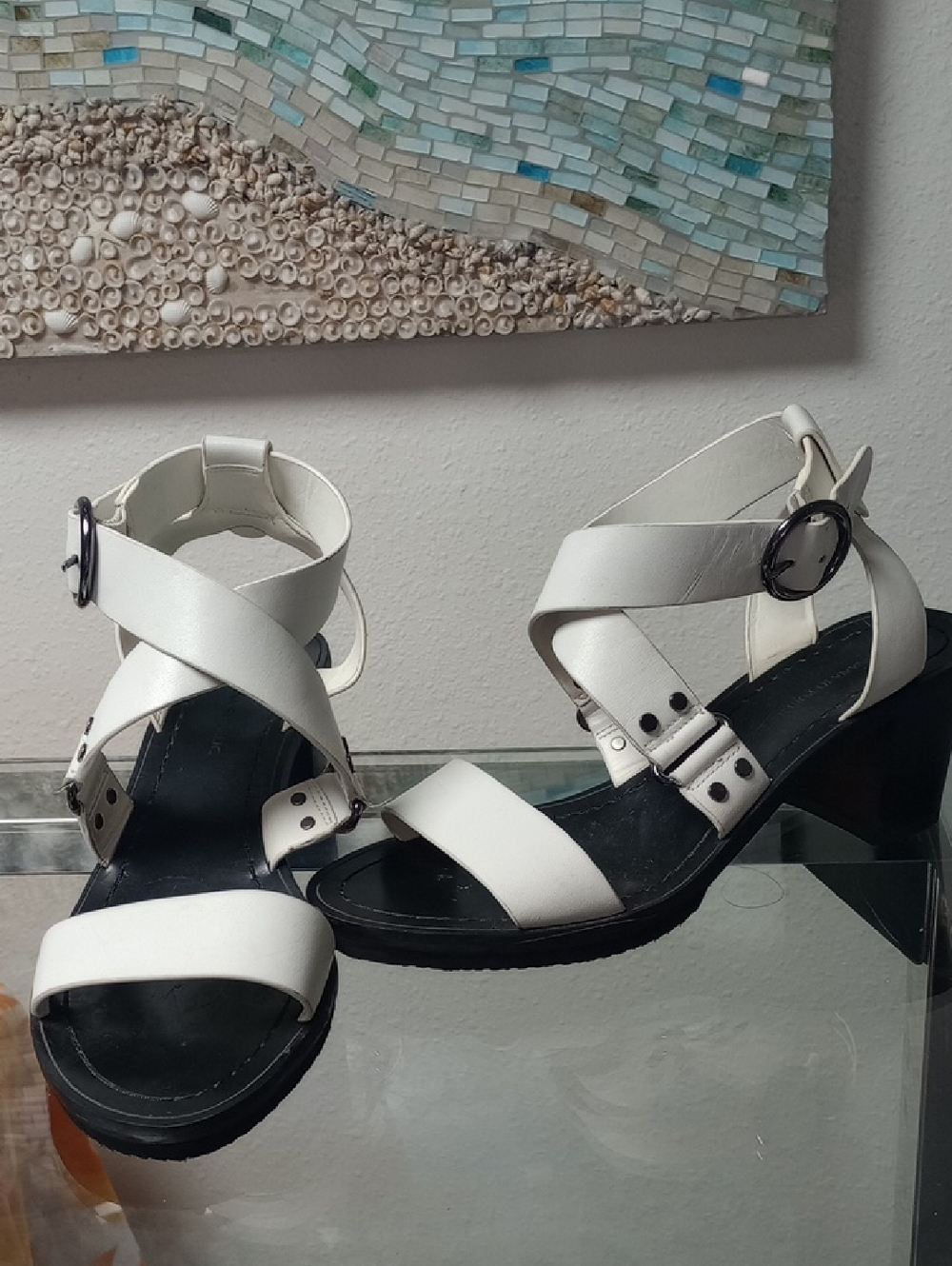 Banana Republic White Crisscross Block Heel Sandals